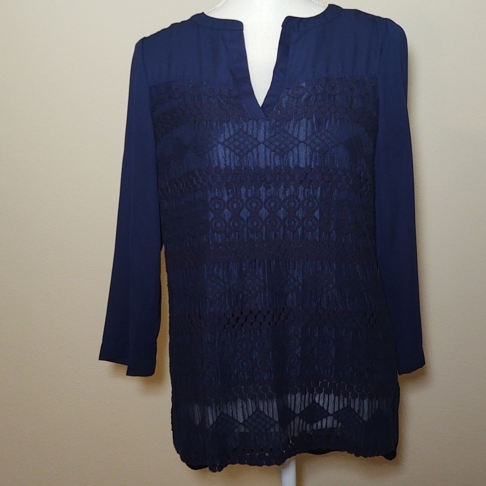 New Directions Navy 3/4 Sleeve Woman''s Blouse